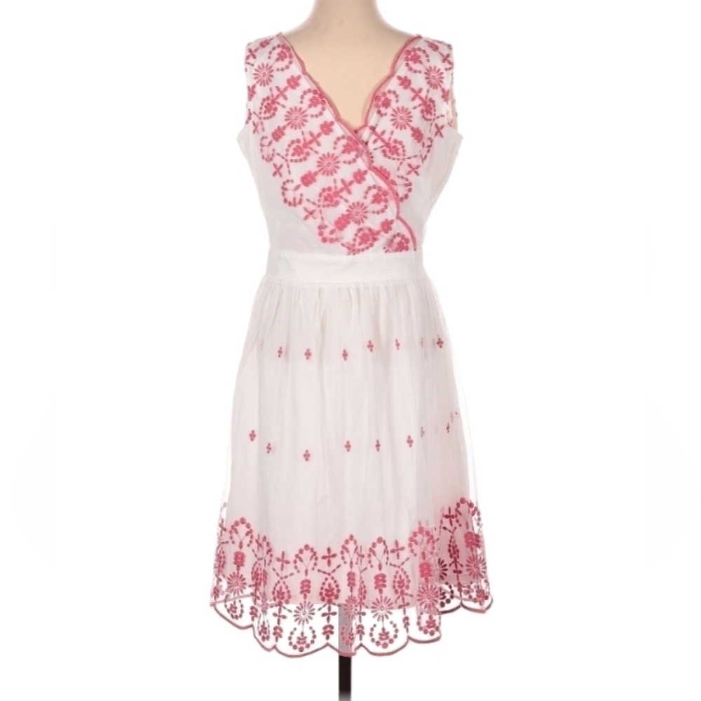 Garnet Hill Sleeveless Lace Embroidered V-Neck Dress White Pink Size 6